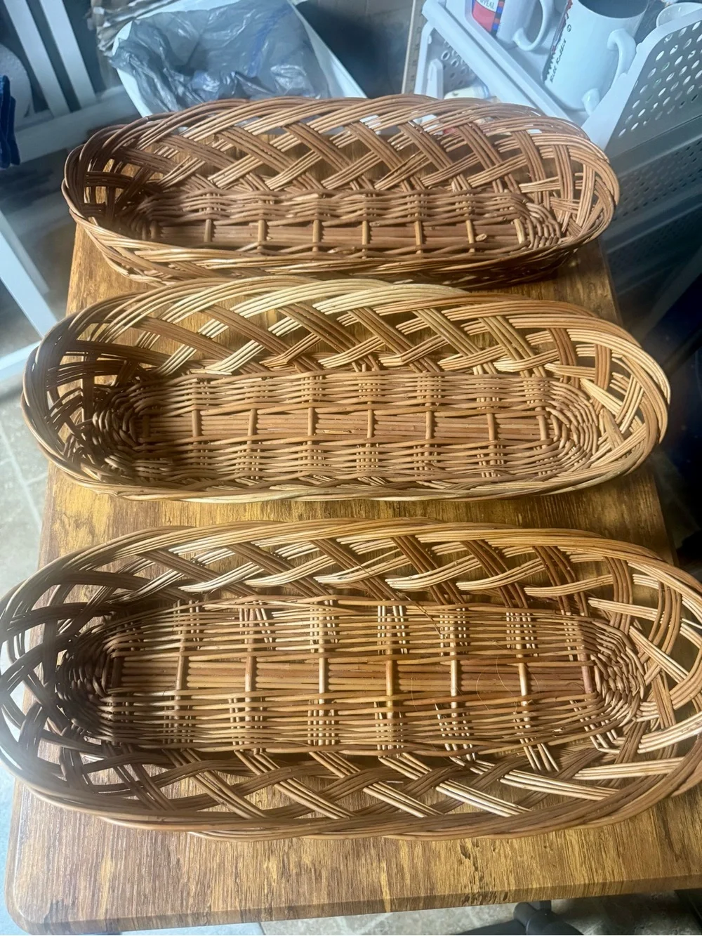 3PC Vintage Long Wicker Baskets- Rustic Cottagecore Bread & Fruit Trays